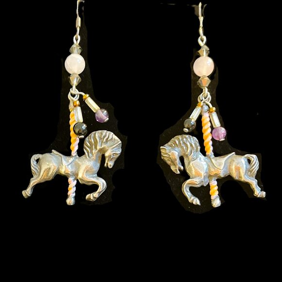 🆕 Sterling Silver Carousel Horse Earrings w/ Rose Quartz, Amethyst, Crystals - Picture 1 of 6